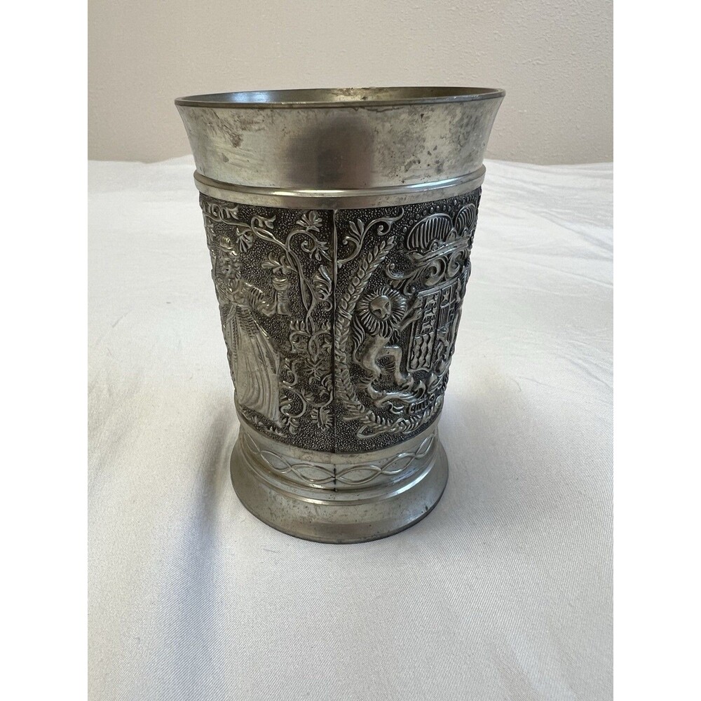 Vintage REIN-ZINN German Pewter Wine Cup Glass Embossed Mug